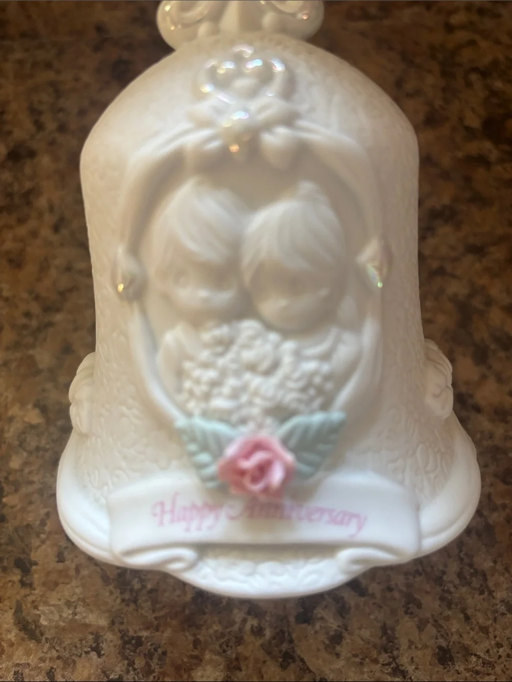 Vintage Happy Anniversary White Decorative Porcelain Bell with Floral Accent